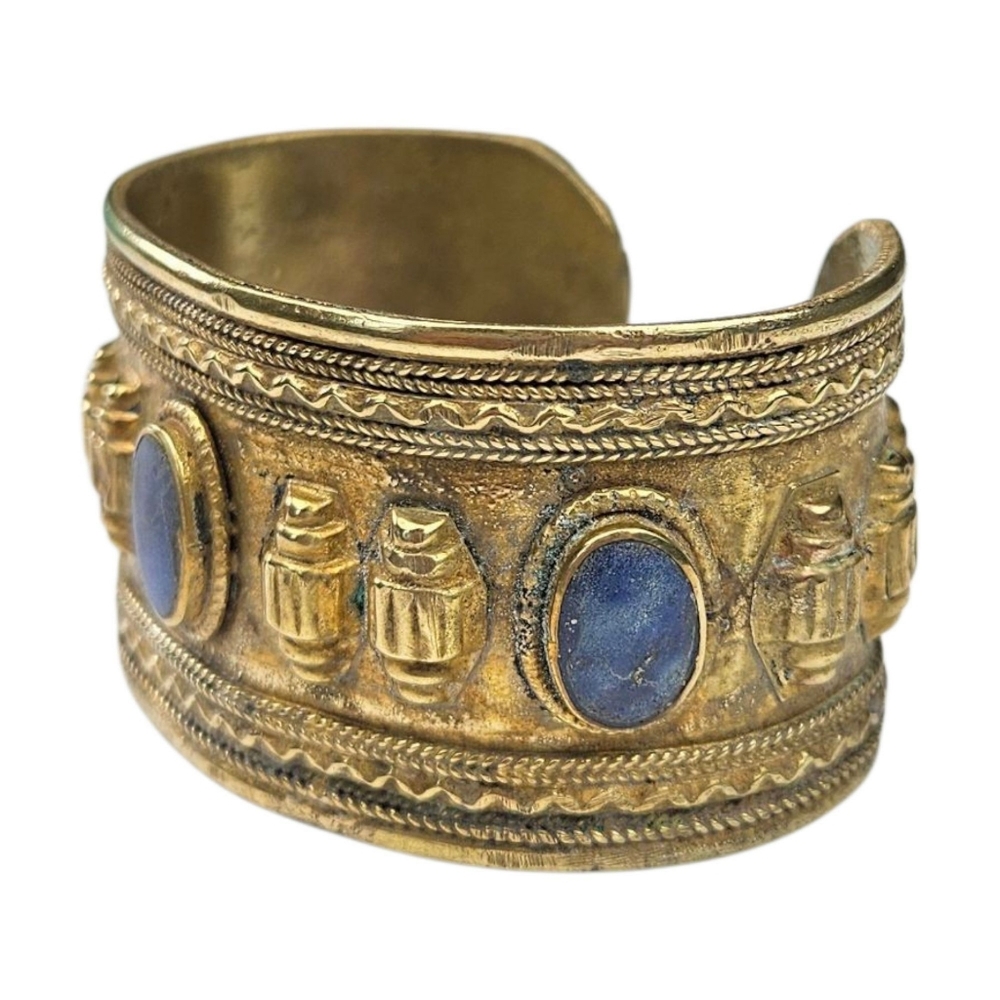 Afghan Peshawar Lapis Lazuli Cuff Bracelet Gilt Brass Blue Ethnic Vintage ~6.5" - Picture 4 of 11